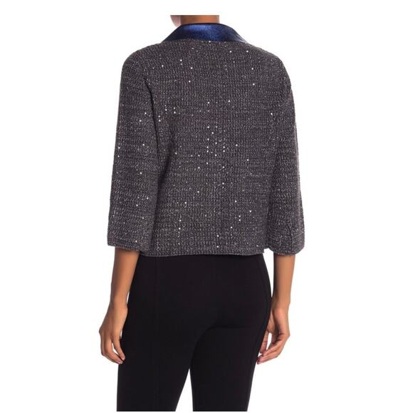 ELIE TAHARI gray silver lurex knit blue leather collar sweater Visna jacket - Picture 3 of 11